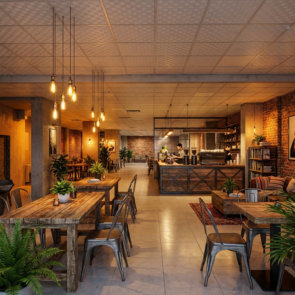 Cafe konsept tasarımı - ahşap masalar, endüstriyel aydınlatma