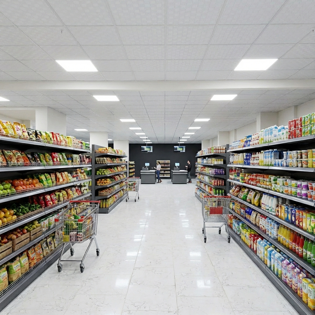 Süpermarket konsept tasarımı - raflar ve ürün reyonları